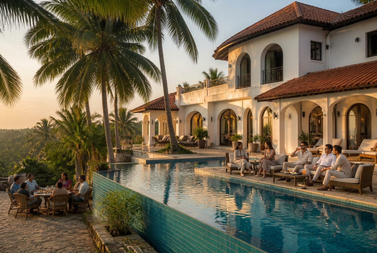 Designers relaxing poolside at a whitewashed Goan villa at golden hour