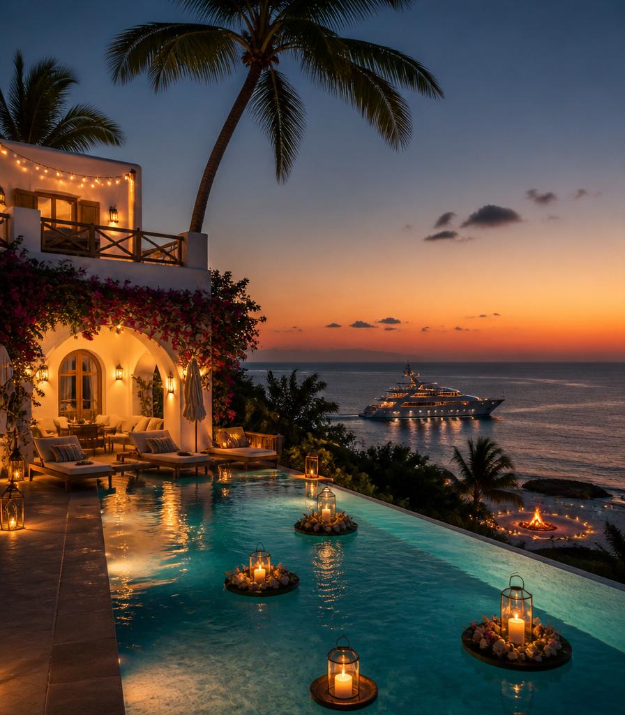 Villa pool at dusk with a cruise boat on the sea