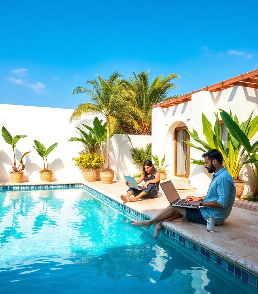 Founders working on laptops by the villa pool